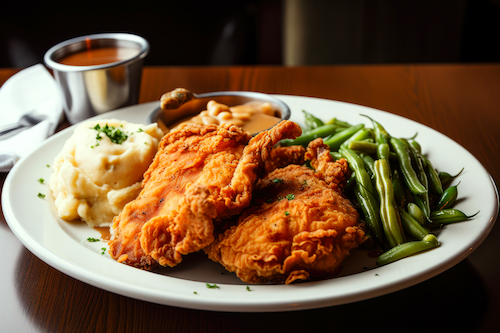 Oven Fried Chicken with Mashed Potatoes and Green Beans