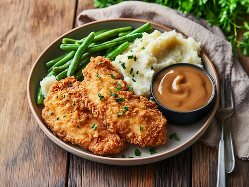 Pan Gravy Crisp Chicken Tenders, Mashed Potatoes, Green Beans