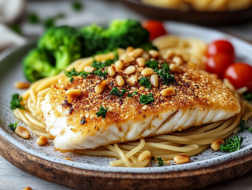 Crusted Panko Pine Nut Red Fish, Buttery Spaghetti, Broccoli