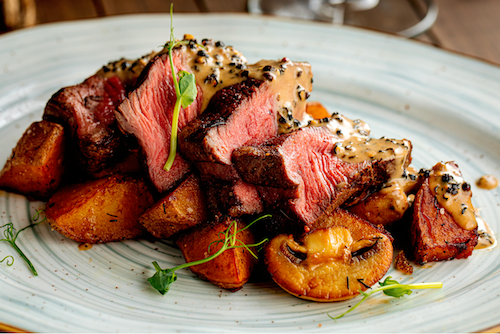 Peppercorn Beef Tenderloin, Fried Mushroom, Garlic Potatoes