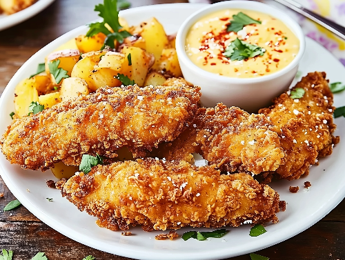 Pretzel Crusted Chicken, Cheddar Sauce, Potatoes, Veggies