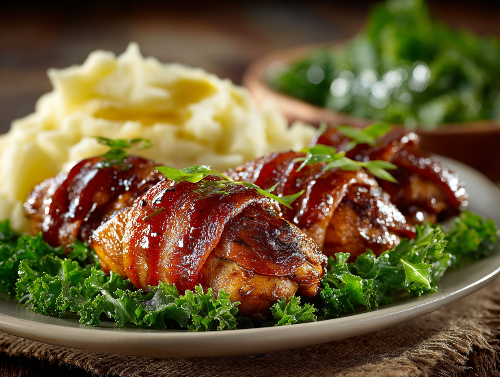Texas Hill Country Bacon Wrapped Quail, Chipotle BBQ, Mashed Potatoes, Sauteed Greens