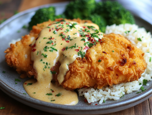 Ritz Cracker Chicken, Cheddar Cream Sauce, Rice, Broccoli