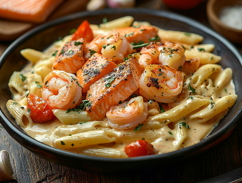 Salmon and Shrimp Penne