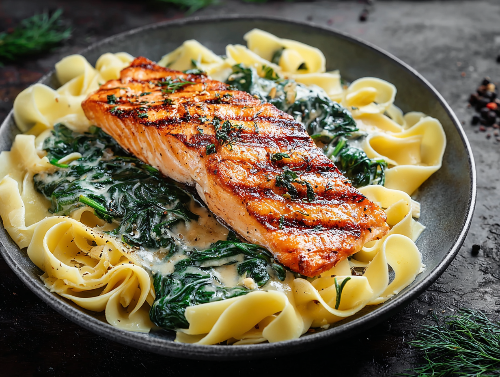 Salmon with Pesto Spinach Pappardelle