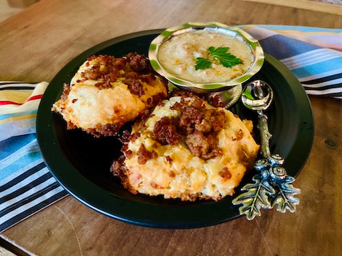 Country Sausage Garlic Cheese Biscuits and Gravy