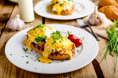 Scramble Eggs & Ham Benedict, Sweet Potato Hash Browns, Hollandaise