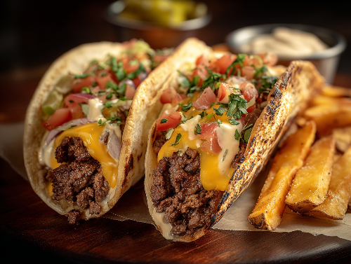 Smash Wagyu Burger Tacos, House Fries, Special Sauce