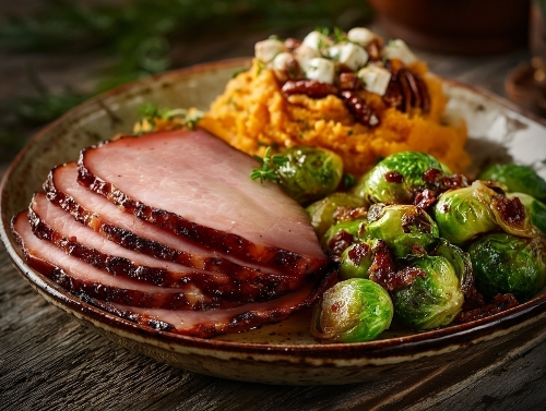 A close-up of a plated Thanksgiving meal featuring sliced glazed ham, sweet potato mash topped with pecans and marshmellows, and roasted Brussels sprouts on a rustic ceramic plate over a wooden table.