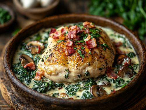Smothered Bacon Chicken, Pasta, Creamed Spinach