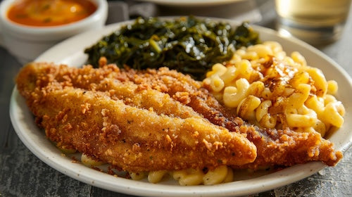 Southern Catfish, Mac & Cheese, Collard Greens