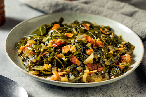 Southern Collard Greens, Apple Smoked Bacon, Cornbread
