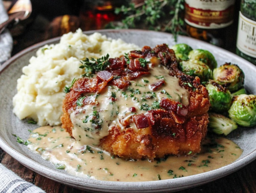 Southern Fried Pork Ribeye, Mashed Potatoes, Maple Brussels, Butter Beurre Blanc - NEW