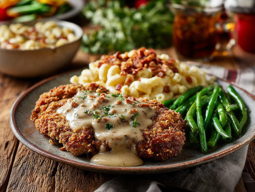 Southern Fried Steak, Ritz Bacon Crusted Mac & Cheese, Green Beans