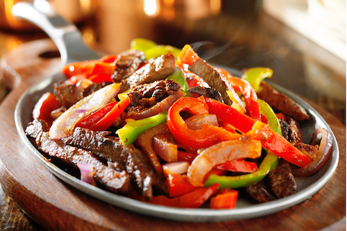 Steak Fajitas, Rice, Beans, Queso
