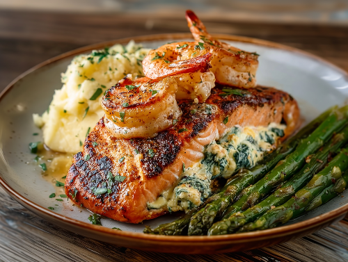 Salmon Stuffed Supreme, Mashed Potatoes, Asparagus