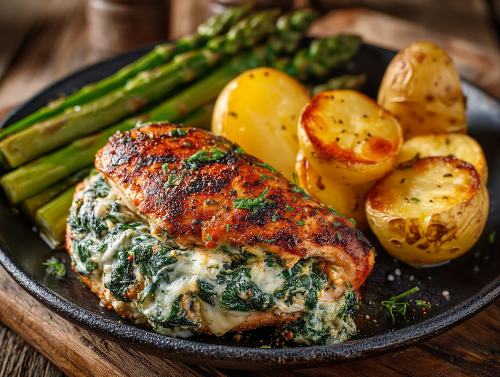 Stuffed Tuscan Garlic Chicken, Fresh Asparagus and Yukon Potatoes