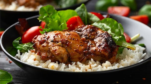 Sweet Chili Glazed Chicken, Green Beans, Homestyle Rice