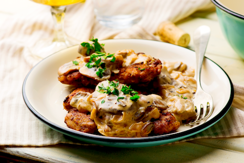 Swiss Style Pork Cutlets, Mashed Potatoes, Skillet Onions