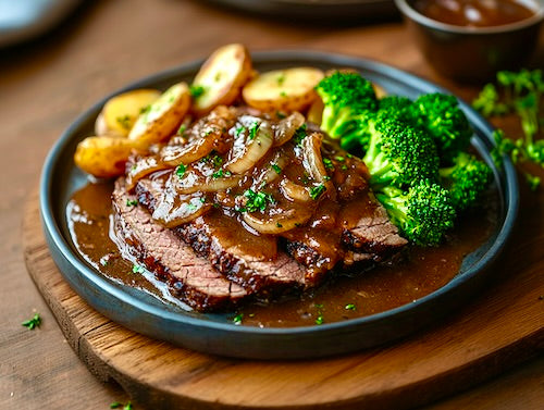 Tender Brisket with Onion Garlic Gravy, Yukon Gold Wedges, Broccoli