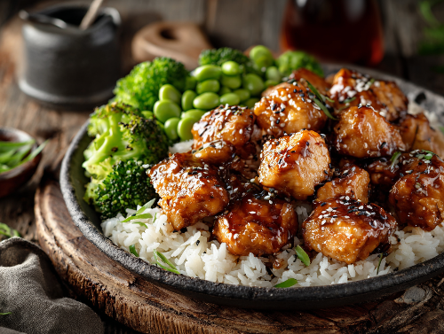 Teriyaki Chicken Bites, Jasmine Rice, Broccoli & Edamame