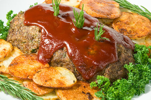 Tomato Glazed Meatloaf, Rosemary Garlic Potatoes, Green Beans
