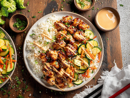 Yum Yum Chicken, Fried Rice, Stir Fried Vegetables