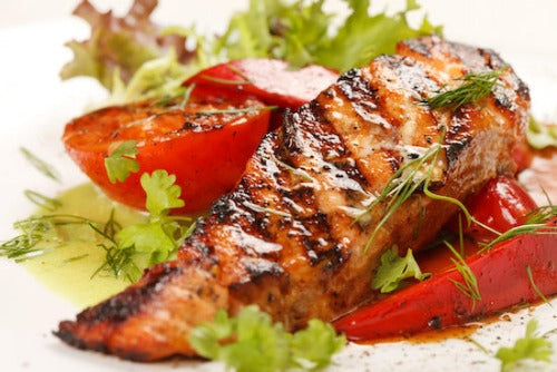 Smokehouse Maple Bourbon Salmon with Mash Potatoes and Vegetables