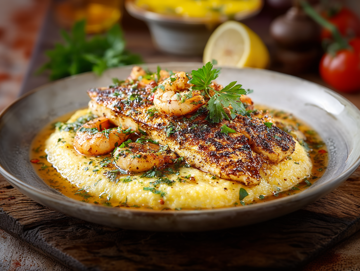 Fresh Pan Seared Catfish and Shrimp, Poblano Cheese Polenta