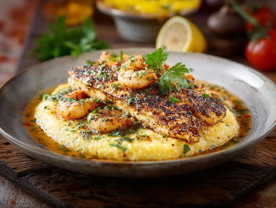 Fresh Pan Seared Catfish and Shrimp, Poblano Cheese Polenta
