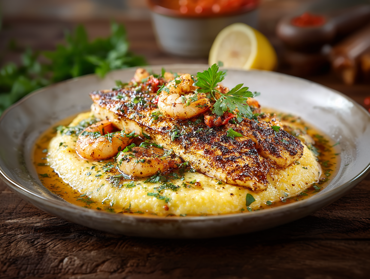 Fresh Pan Seared Catfish and Shrimp, Poblano Cheese Polenta