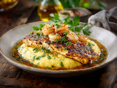 Fresh Pan Seared Catfish and Shrimp, Poblano Cheese Polenta