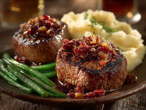 Two Filet Mignon Medallions, Mashed Potatoes, Green Beans, Side of Bourbon Jam