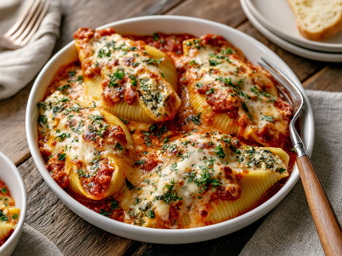 Baked Stuffed Florentine Cheese Shells with Rustic Tomato Sauce