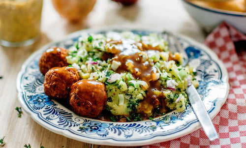 Lower Carb - Guinness Glazed Meatballs, Garlicky Cauliflower in a Butter Beer Brown Gravy