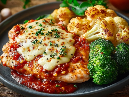 Grilled Chicken Parmesan, Roasted Cauliflower, Broccoli