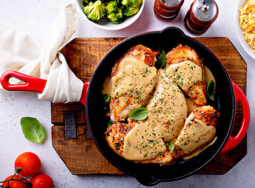 Our tender organic grilled chicken is seasoned with spices, sliced and topped with a light white wine, Meyer lemon, French dijon and garlic sauce. This is a fantastic recipe that is low in calories, carbs, and low in sodium, served with veggies.