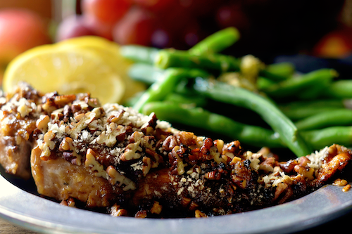 Pecan Panko Crusted Salmon, Green Beans, Lemon Penne
