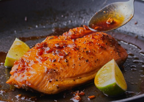 Garlic Honey Salmon, Rice Pilaf, Veggies