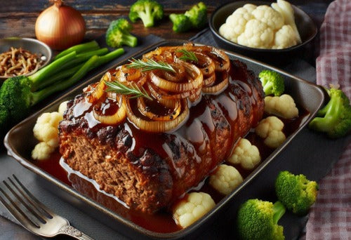 Country Meatloaf, Caramelized Onions and Fresh Veggies