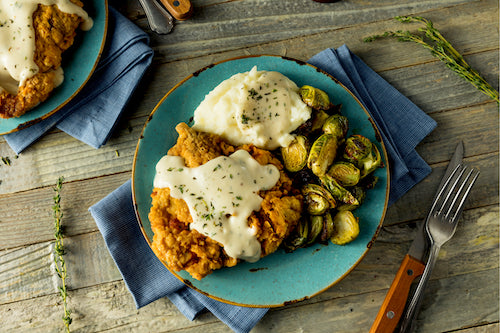 Southern Fried Steak, Maple Bacon Brussels, Mashed Potatoes