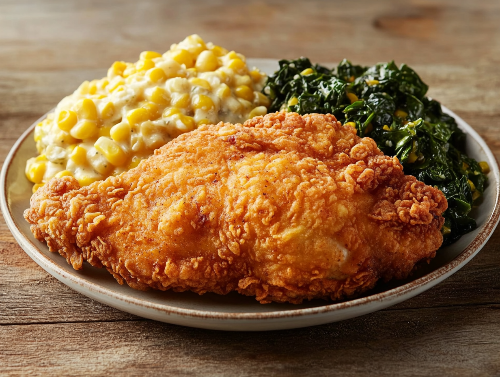 Southern Table Fried Chicken, Corn Casserole, Collard Greens