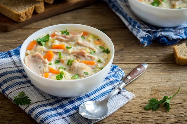 Chicken and Rice Soup. You will love this favorite, a hearty cream based soup filled with tender chicken, long grain wild and white rice, loaded with veggies and infused with lemon.